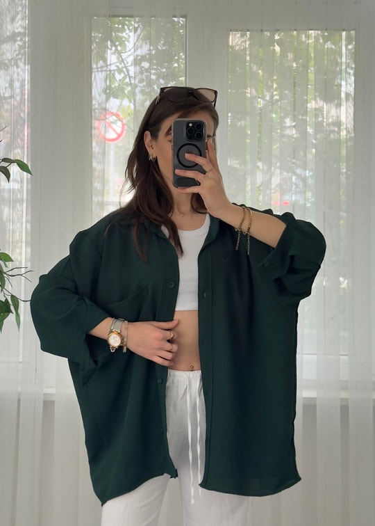 Zümrüt İthal Ayrobin Tek Cepli Oversize Gömlek