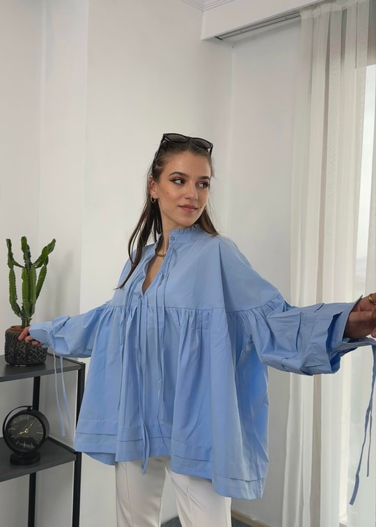 Açık Mavi İpli Poplin Gömlek 