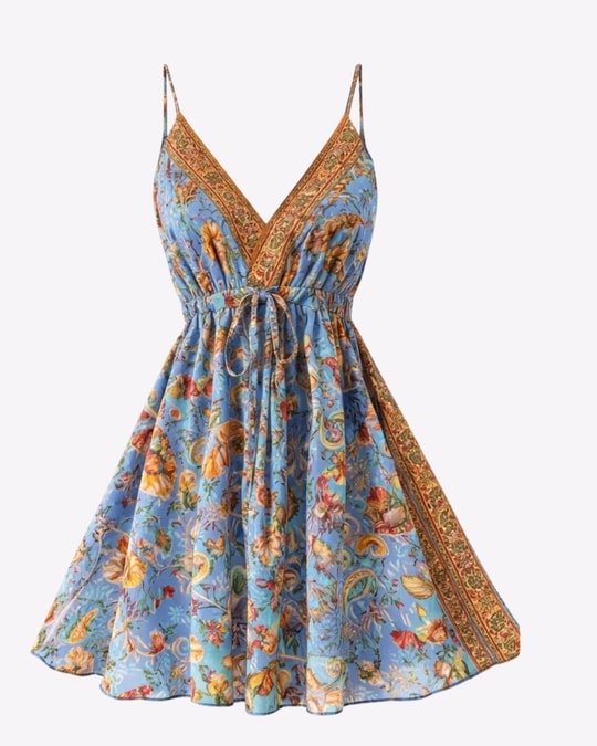 Bali Etnik Desen Mavi Mini İpek Elbise