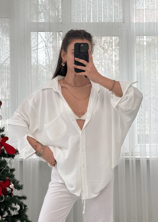Beyaz İthal Ayrobin Tek Cepli Oversize Gömlek 
