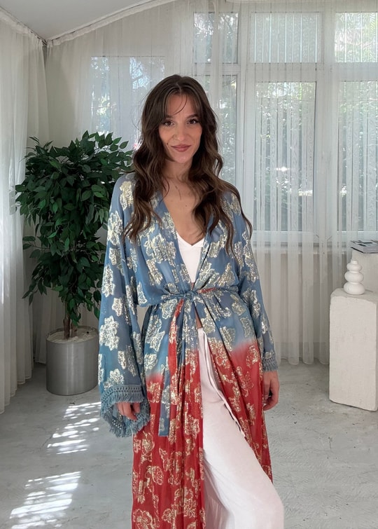 Golden Bloom Mavi Kırmızı Altın Desenli Bohem Kimono