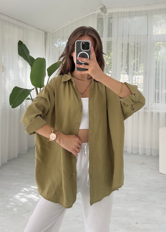 Haki Tensel Oversize Gömlek