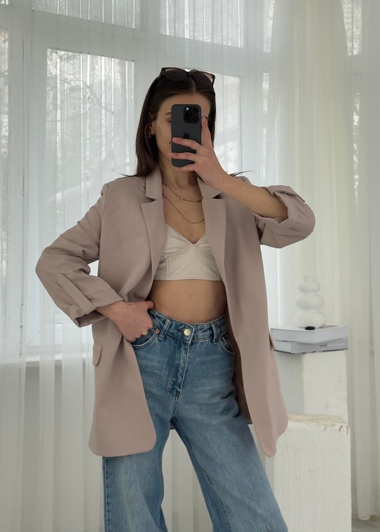 Helen Ekru Premium Kol Katlamalı Poliviskon Blazer