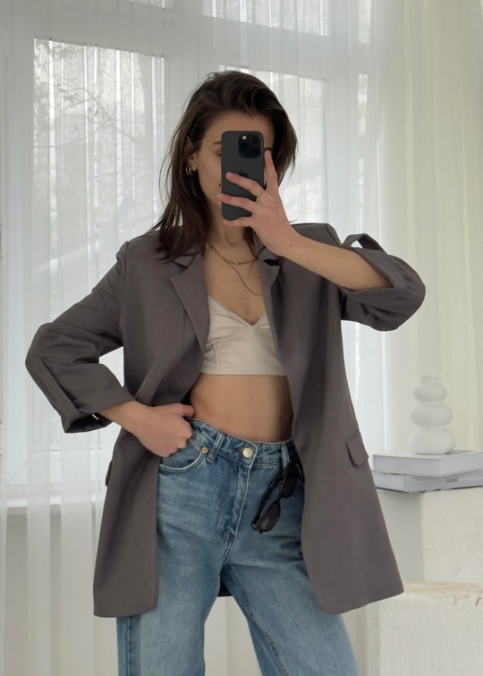 Helen Gri Premium Kol Katlamalı Poliviskon Blazer 