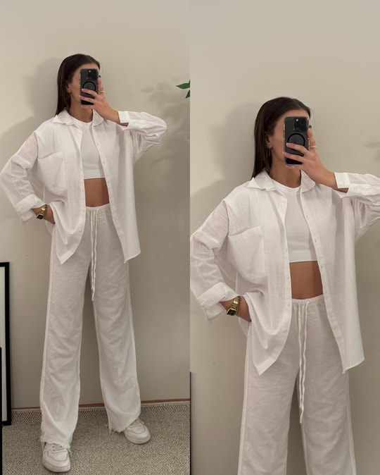 İris Beyaz Oversize Tek Cep Keten Gömlek 