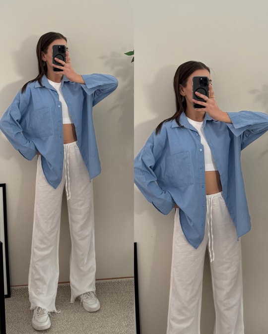 İris Mavi Tek Cep Oversize Keten Gömlek 