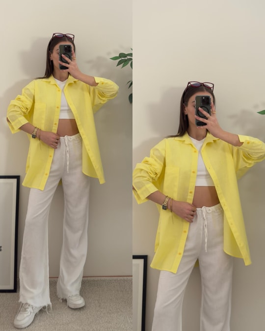İris Sarı Oversize Tek Cep Keten Gömlek 