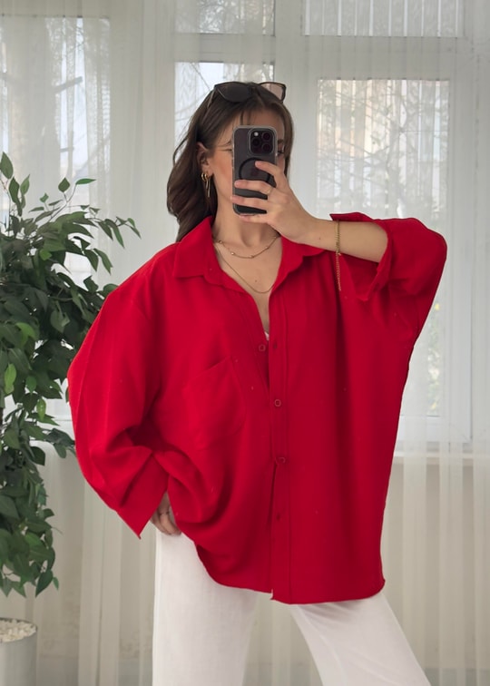 Kırmızı İthal Ayrobin Tek Cep Oversize Gömlek 