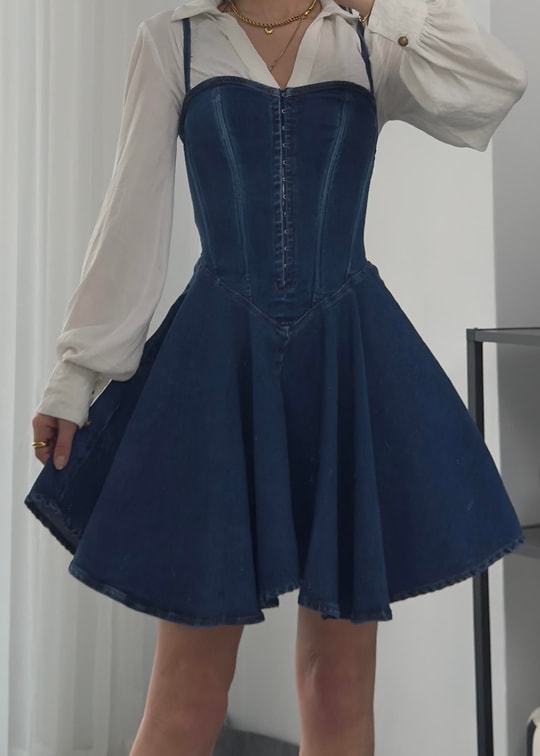 Korse Detaylı Denim Elbise