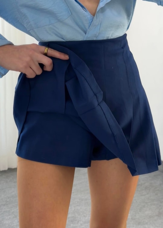 Lacivert Mini Pileli Şortlu Etek