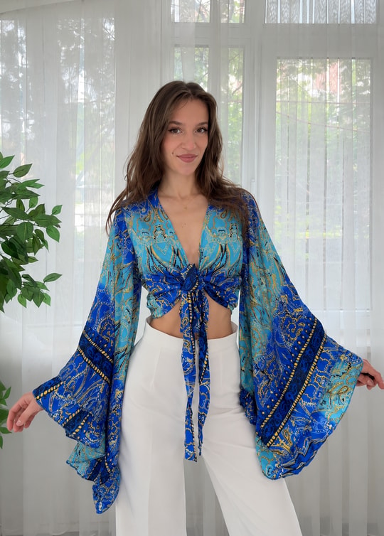 Lumiera İthal Etnik Desen Kelebek Kol Lacivert Bolero