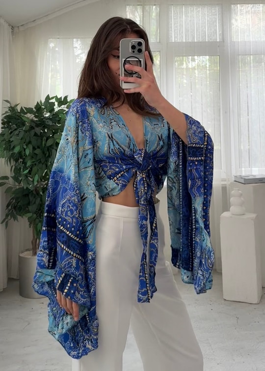 Lumiera İthal Etnik Desen Kkelebek Kol Lacivert Bolero