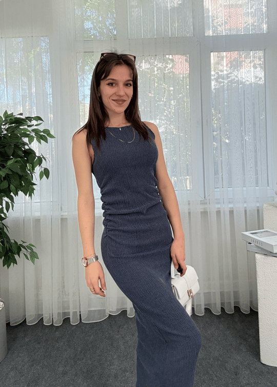 Luna Lacivert Krinkıl Yan Büzgülü Elbise