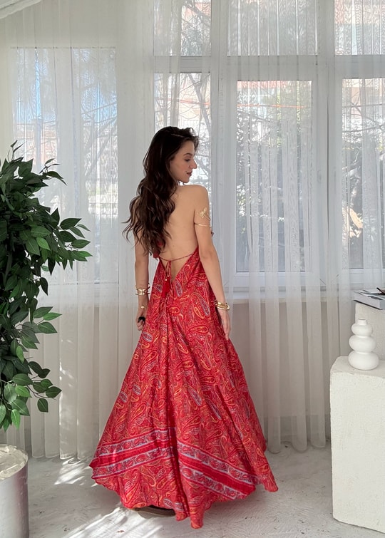 Maris Etnik Desen Kırmızı İpek Bohem Elbise