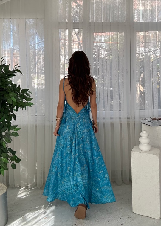 Maris Etnik Desen Mavi İpek Bohem Elbise