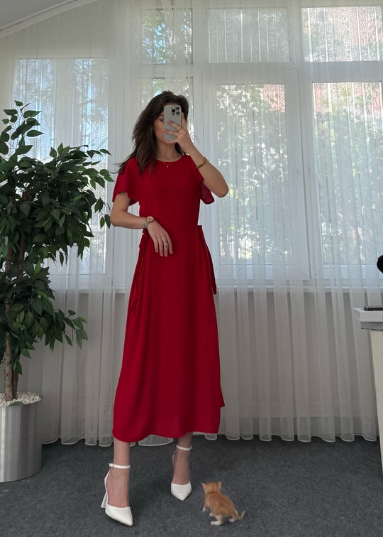 Marsala Kırmızı Ayrobin Bağlama Detaylı  Midi Elbise