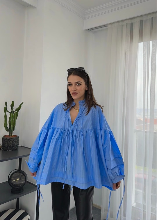 Mavi Çizgili İpli Poplin Gömlek 