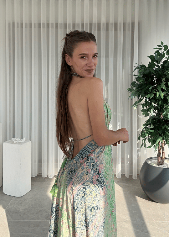 Milori Etnik Desen Sırt Dekolteli Yeşil Elbise 