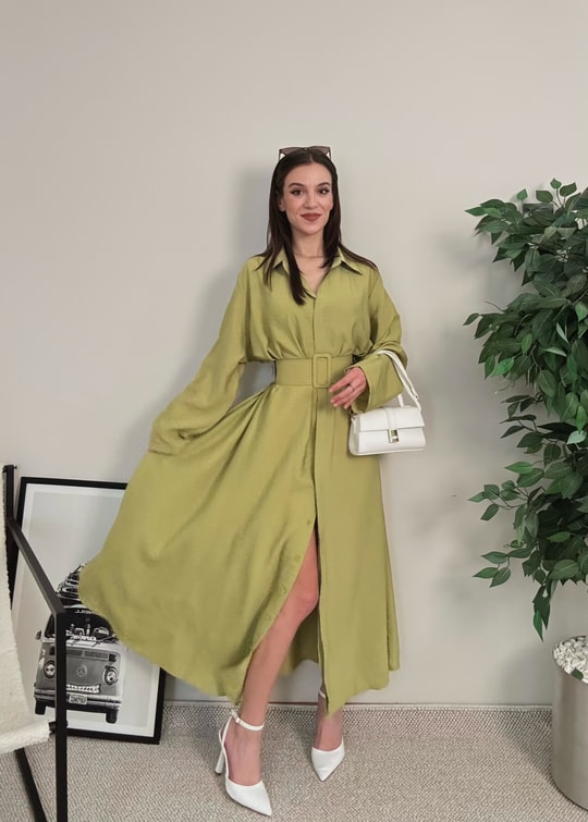 Novee Oversize Yağ Yeşili Kemerli Elbise