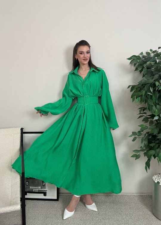 Novee Oversize Yeşil Kemerli Elbise