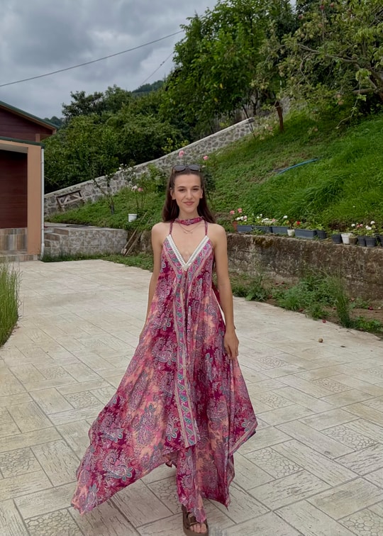 Rajani Etnik Desen Asimetrik Hint İpeği Pembe Elbise