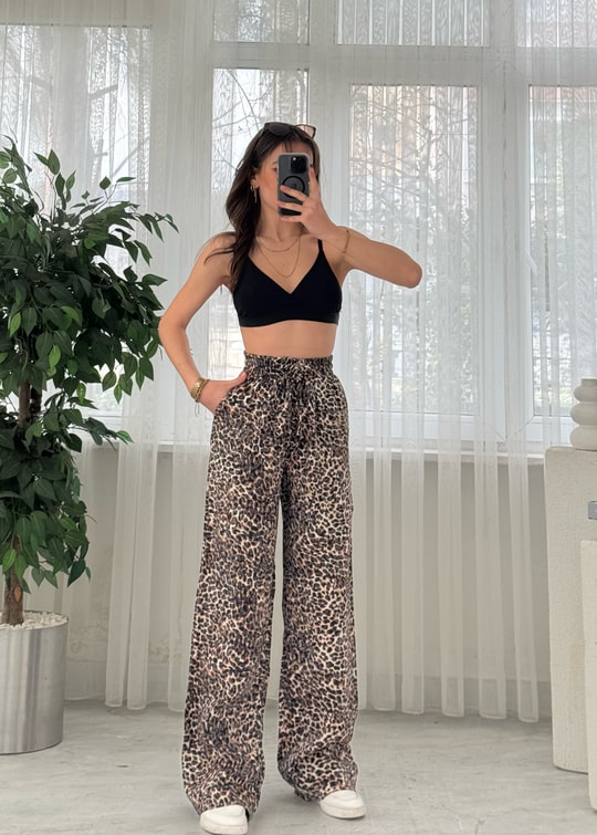 Roxy Leopar Desen Bol Paça Saten Pantolon