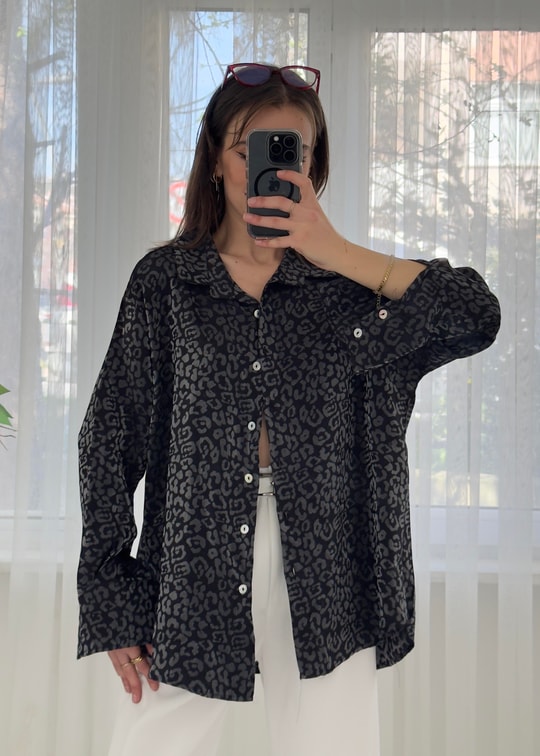 Roxy Siyah Leopar Desen Saten Gömlek