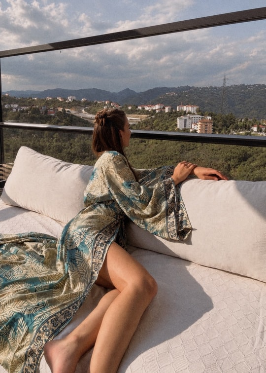Solea Su Yeşili Desenli Bohem Kimono