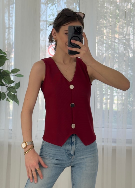 Square Bordo Ottoman  Yelek Görünümlü Bluz