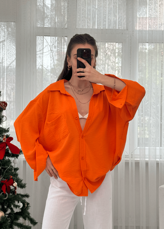Turuncu İthal Ayrobin Tek Cepli Oversize Gömlek 