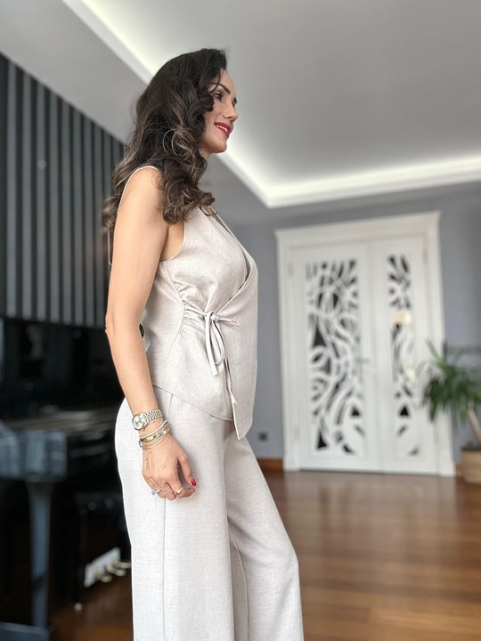 Bej Keten Pantolon Anvelop Yelek Takım 