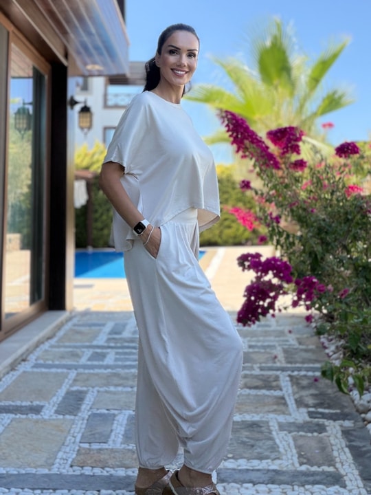 Bej Pileli Modal Şalvar Pantolon Bluz Takım