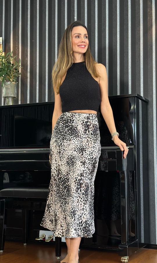 Bej Üzeri Leopar Desen Midi Saten Etek