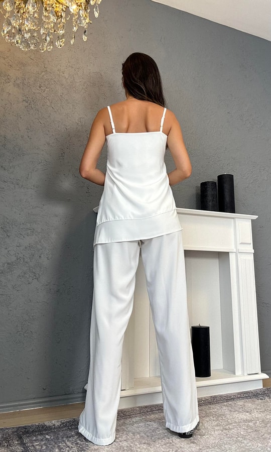 Beyaz Askılı Uzun Bluz Pantolon Takım