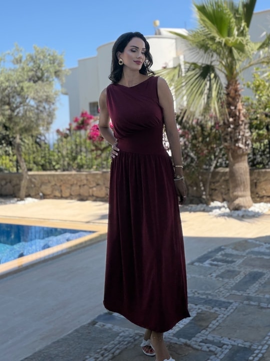 Bordo Beli Verev Kolsuz Elbise