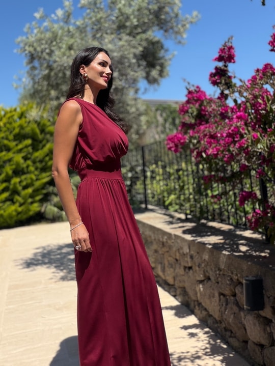 Bordo Beli Verev Kolsuz Elbise