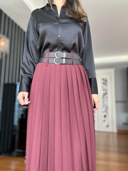  Burgundy Double Belt Slit Pleated Long Skirt