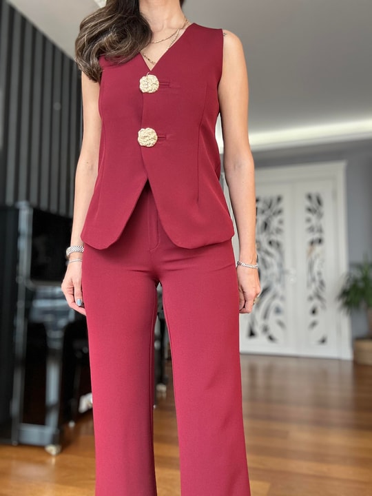 Bordo Crop Pantolon Yelek Takım 