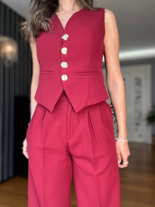 Bordo Düğme Detaylı Yelek Pantolon Takım 