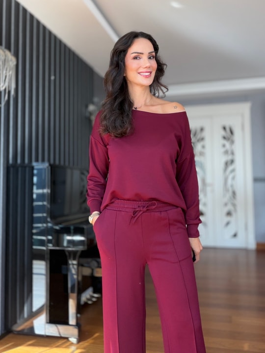 Bordo Kayık Yaka Bluz Çımalı Pantolon Takım