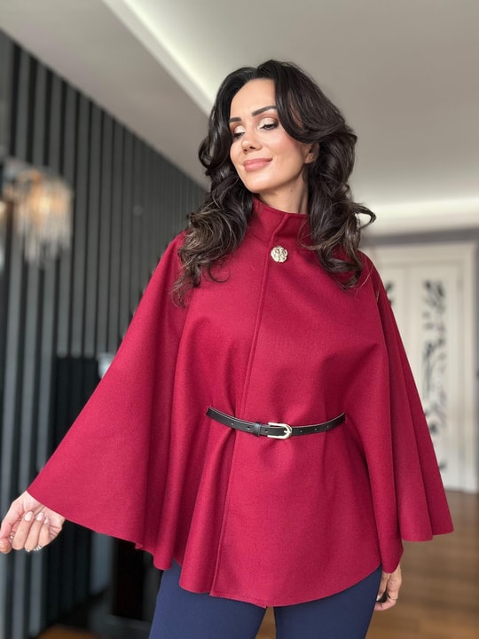 Bordo Kemerli Kaşe Panço