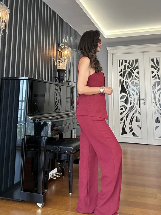 Bordo Keten Yelek Pantolon Takım 
