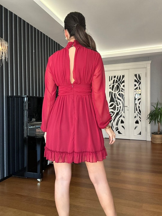  Burgundy Chiffon Mini Dress
