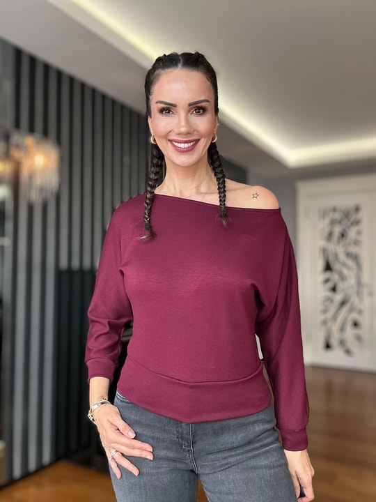 Bordo Uzun Kollu Geniş Yaka Bluz