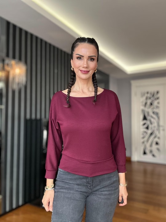 Bordo Uzun Kollu Geniş Yaka Bluz