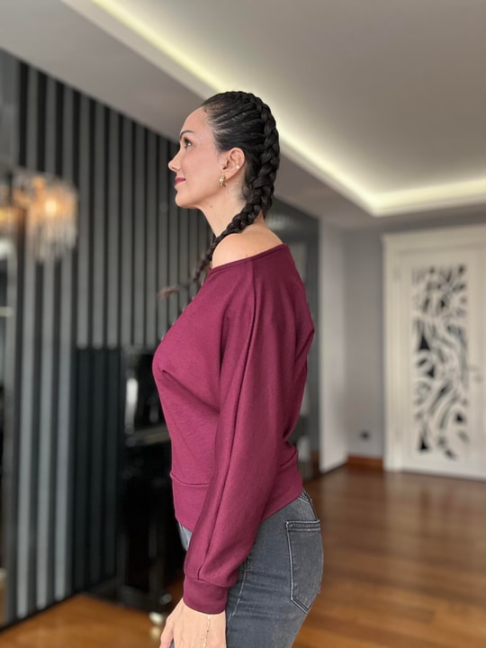 Bordo Uzun Kollu Geniş Yaka Bluz