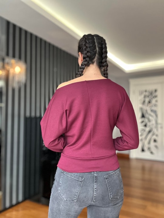 Bordo Uzun Kollu Geniş Yaka Bluz