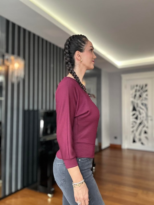 Bordo Uzun Kollu Geniş Yaka Bluz