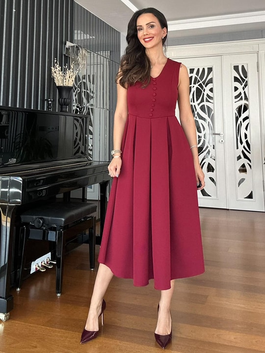 Bordo V Yaka Düğmeli Midi Elbise