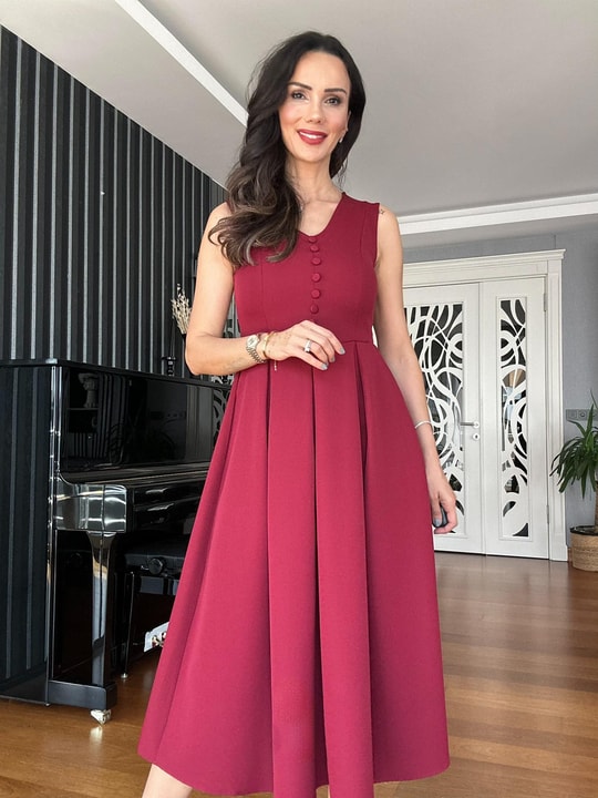 Bordo V Yaka Düğmeli Midi Elbise